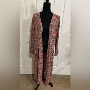LuLaRoe M Brown Sarah Cardigan with Pink & Coral Accents